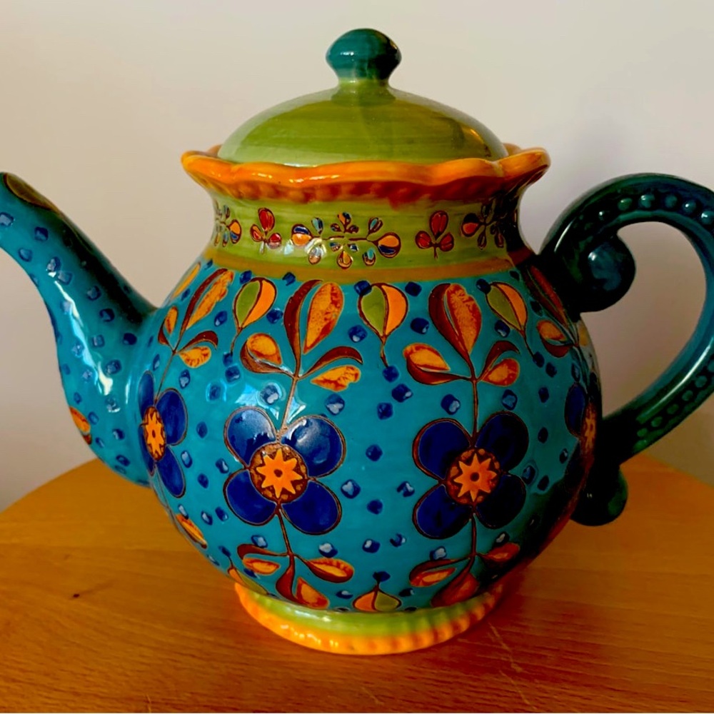 1990s Dutch Wax by Coastline Blue Floral Ceramic Pottery Teapot